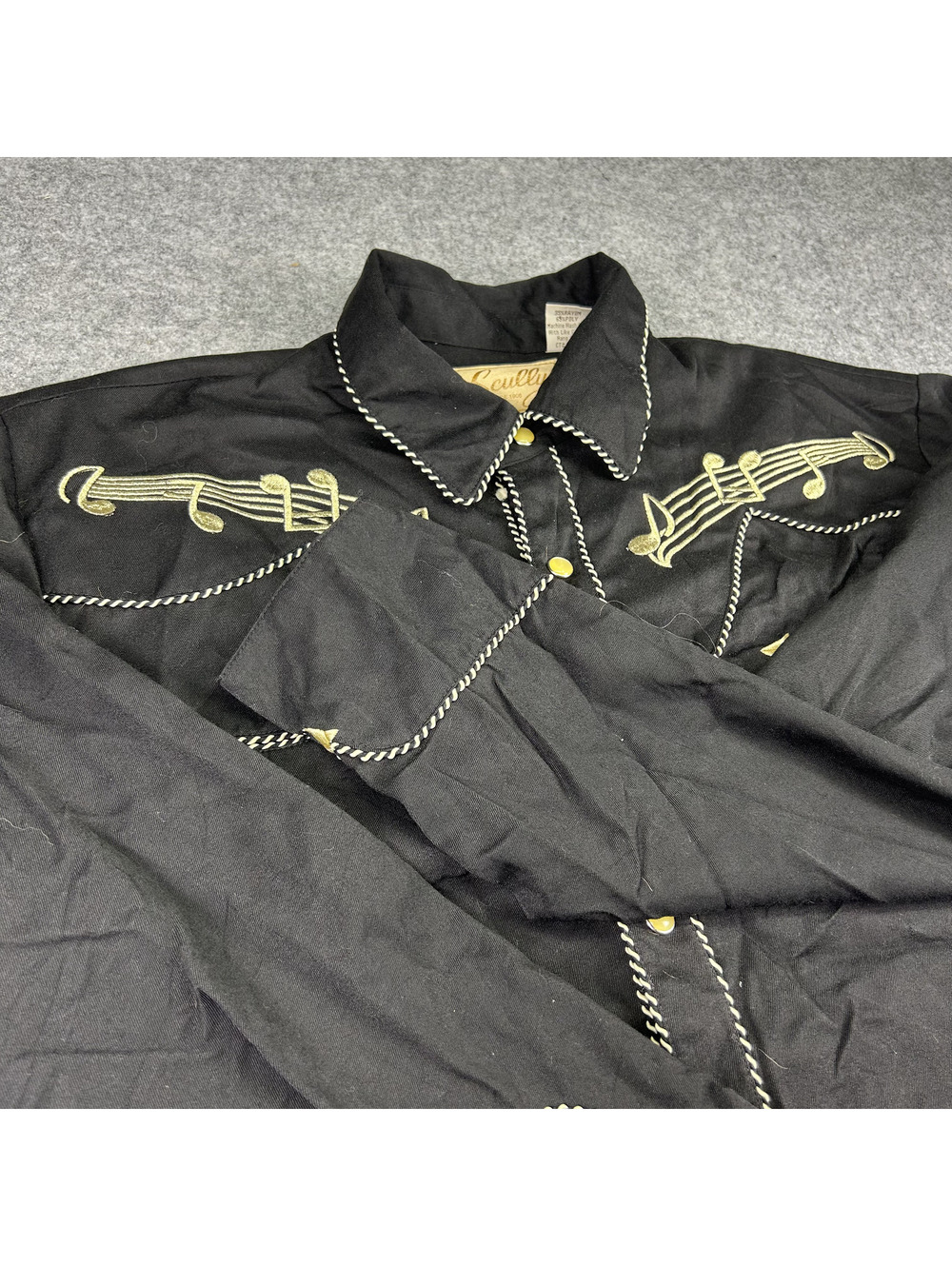 Scully Embroidered Western Shirt Mens M Pearl Snap Musical Notes Black Rodeo
